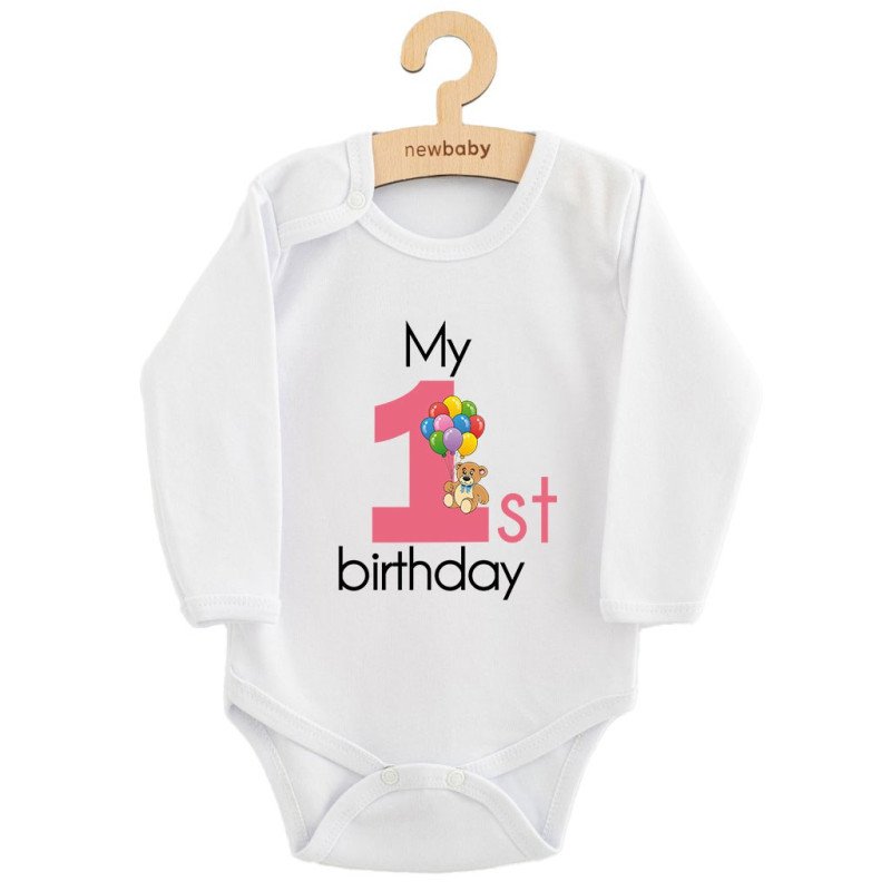 Detské body s potlačou New Baby My first birthday pink