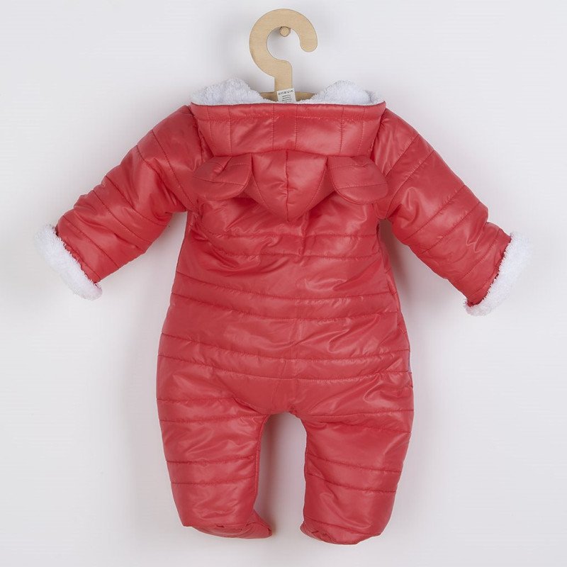 Zimná dojčenská kombinéza s kapucňou s uškami New Baby Pumi red raspberry