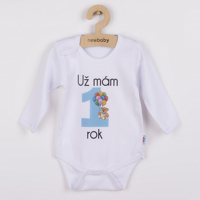 Body s potlačou New Baby Už mám 1 rok modré - darčekové balenie
