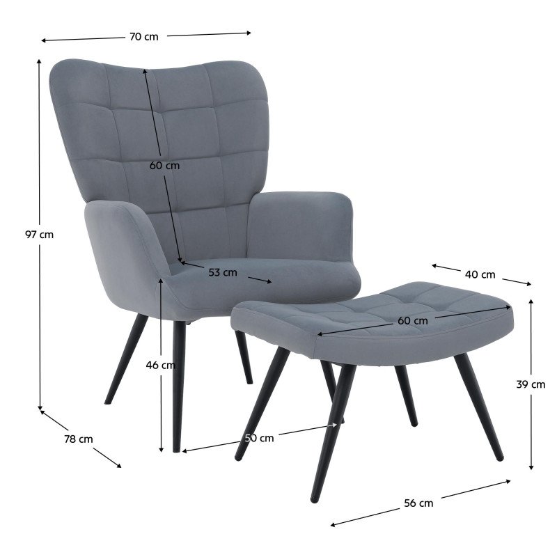 Kondela Kreslo s podnožou, sivá Velvet látka/čierna, HABEN