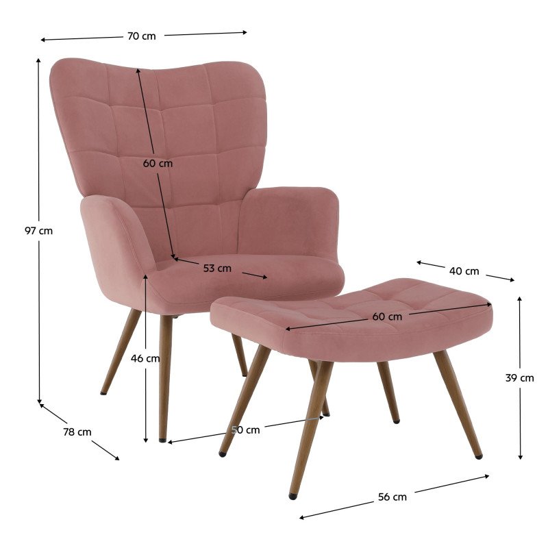 Kondela Kreslo s podnožou, ružová Velvet látka/dub, HABEN