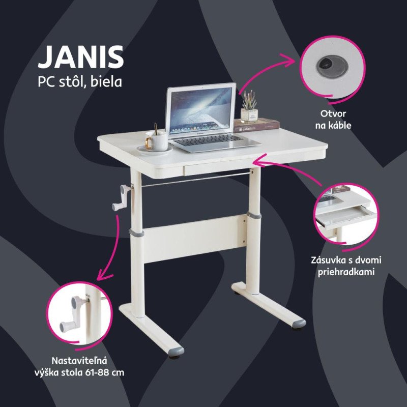 Kondela Rastúci písací stôl, biela, JANIS