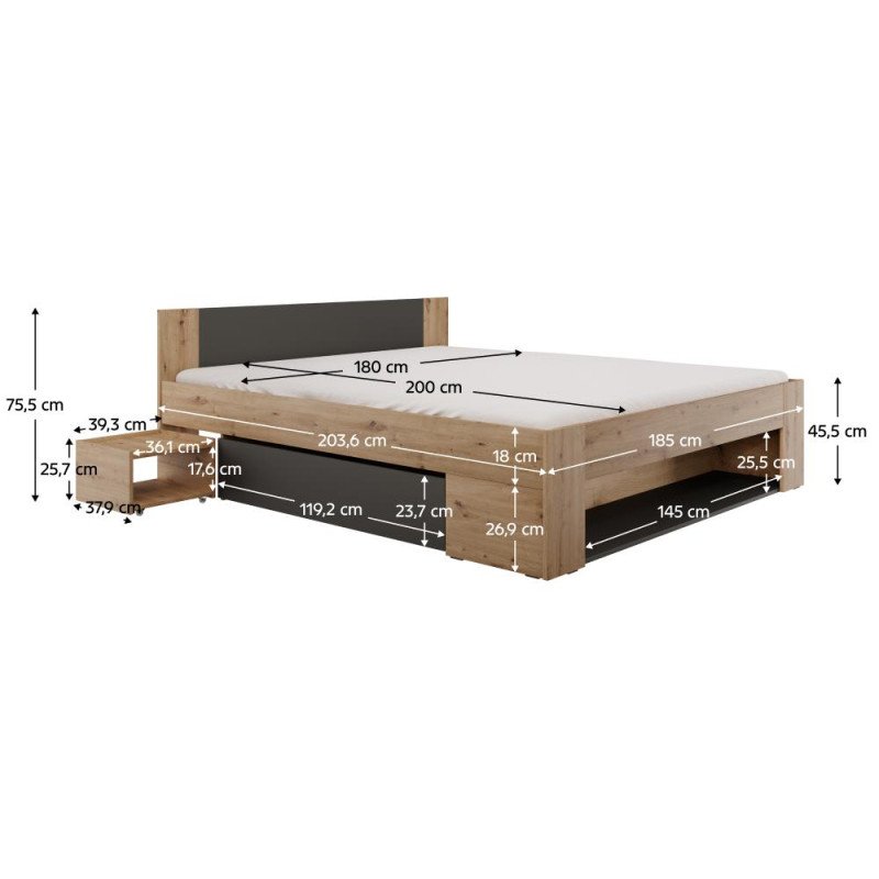 Kondela Posteľ s úložným priestorom, 180x200, dub artisan/antracit, UNIS