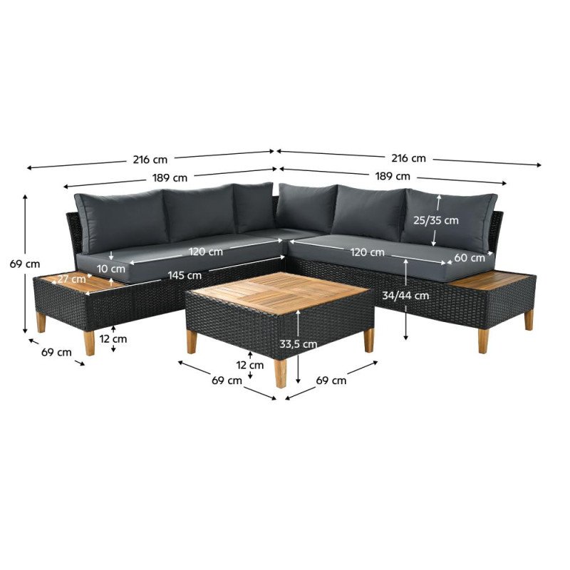 Kondela Záhradný ratanový set, akáciové drevo, čierna/sivá/prírodná, MALKOM