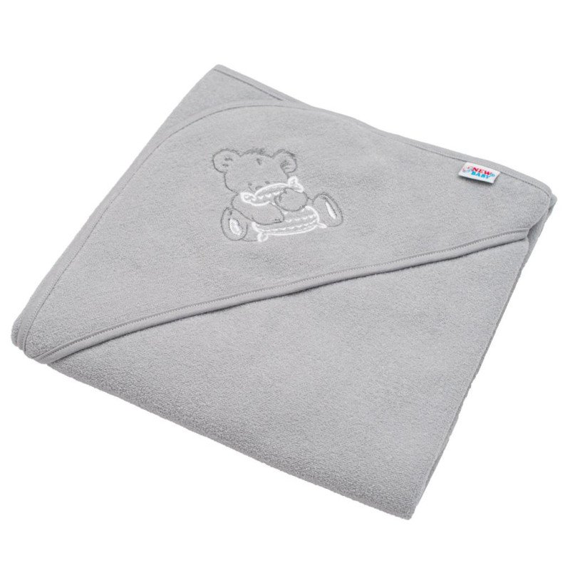 Detská froté osuška s výšivkou a kapuckou New Baby 80x80 sivá medveď