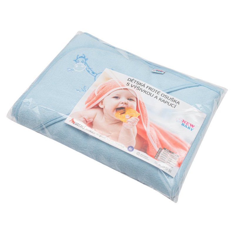 Detská froté osuška s výšivkou a kapuckou New Baby 100x100 modrá žirafka