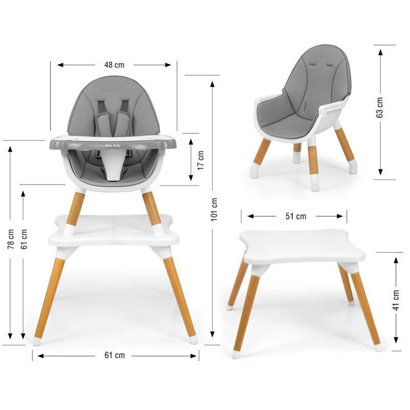 Jedálenská stolička Milly Mally 2v1 Malmo grey
