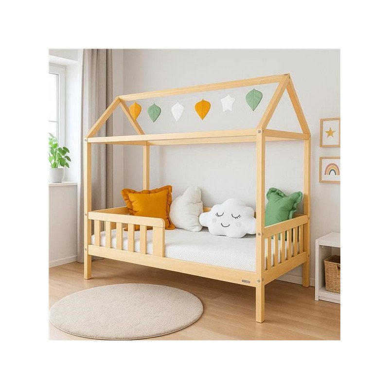 Detská posteľ domček so zábradlím a roštom New Baby CASTELLO 160x80 cm prírodná