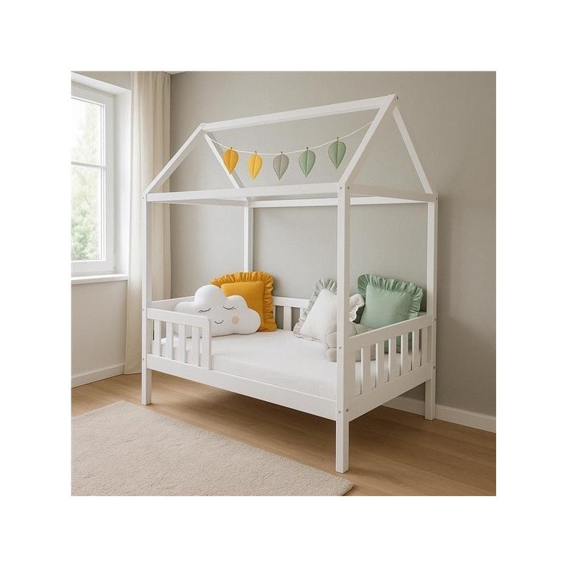 Detská posteľ domček so zábradlím a roštom New Baby CASTELLO 180x90 cm biela