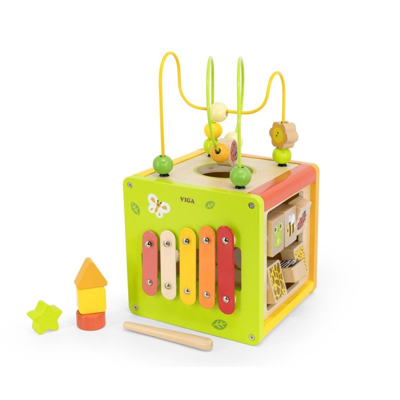 Drevená edukačná kocka 5v1 s bludiskom a xylofónom Viga