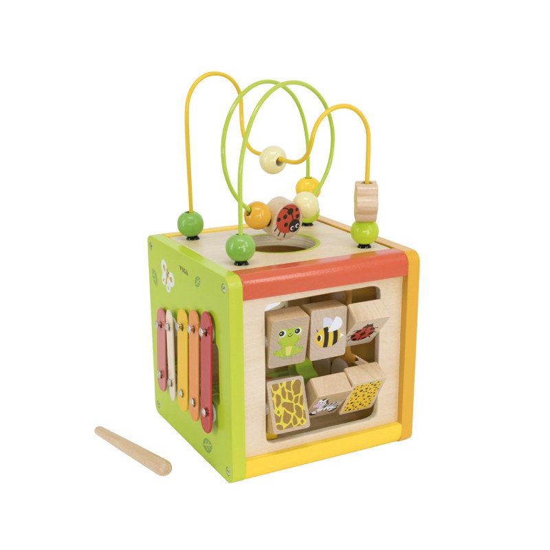 Drevená edukačná kocka 5v1 s bludiskom a xylofónom Viga