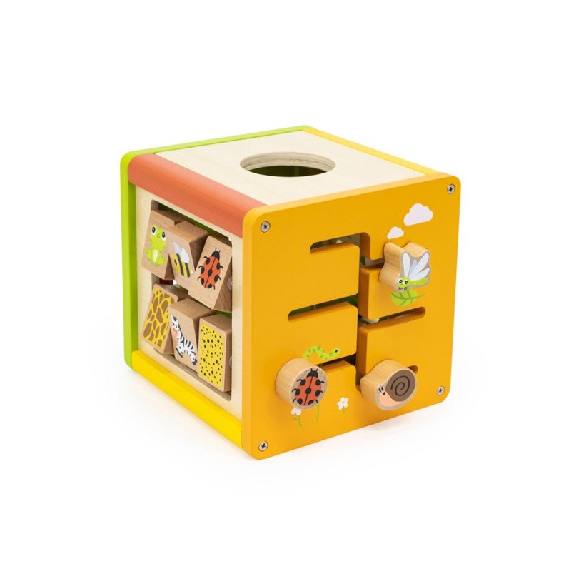 Drevená edukačná kocka 5v1 s bludiskom a xylofónom Viga