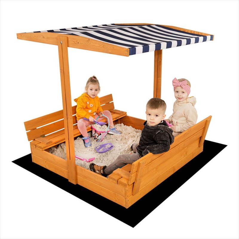 Detské drevené uzatvárateľné pieskovisko s lavičkami a strieškou Baby Mix 120x120 cm modro-biele