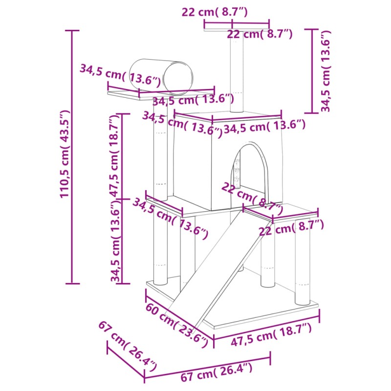 vidaXL Škrabadlo pre mačky so sisalovými stĺpikmi krémové 110,5 cm