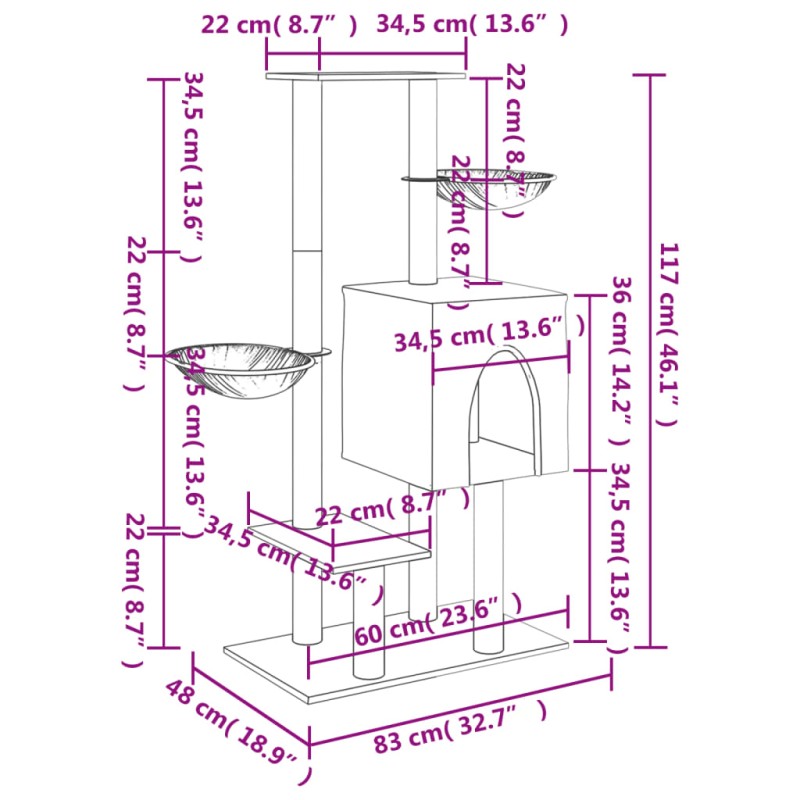 vidaXL Škrabadlo pre mačky so sisalovými stĺpikmi krémové 117 cm