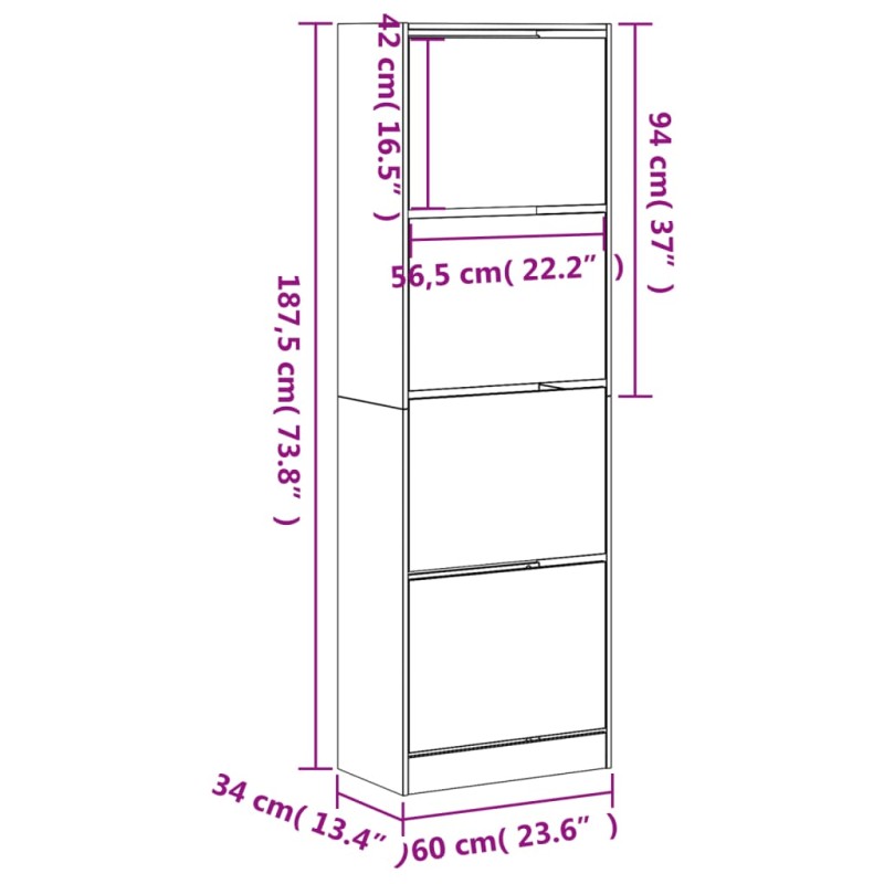 vidaXL Botník so 4 výklopnými zásuvkami biely 60x34x187,5 cm