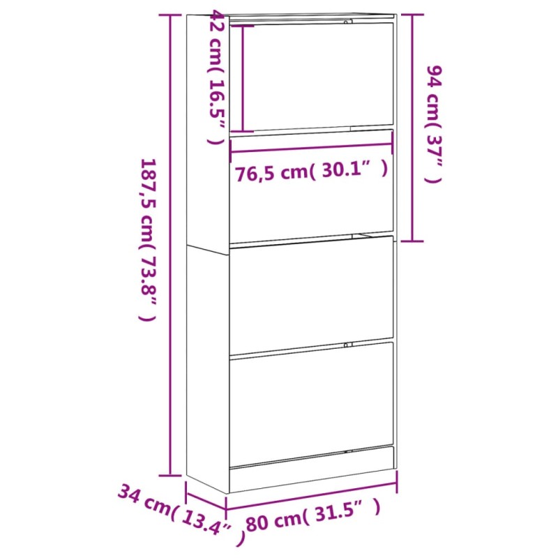 vidaXL Botník so 4 výklopnými zásuvkami biely 80x34x187,5 cm