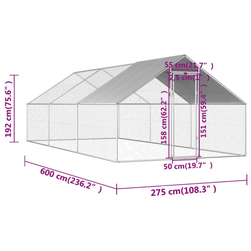 vidaXL Vonkajšia klietka pre sliepky 2,75x8x1,92 m, pozinkovaná oceľ  