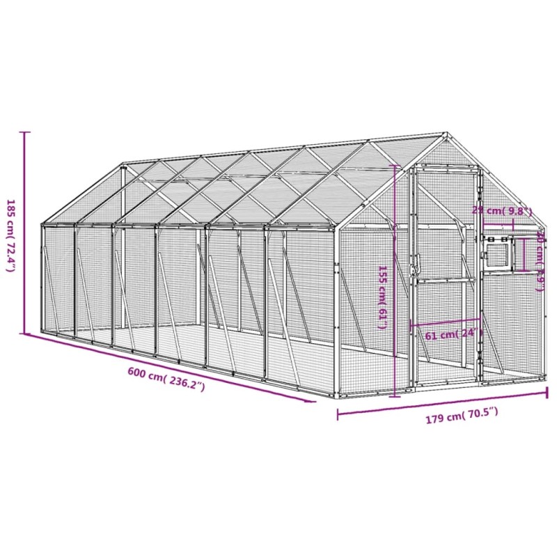 vidaXL Voliéra strieborná 1,79x6x1,85 m hliník