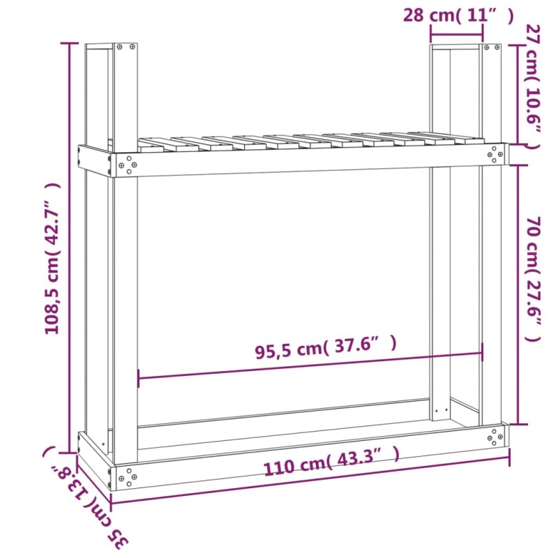 vidaXL Stojan na palivové drevo čierny 110x35x108,5cm masívna borovica