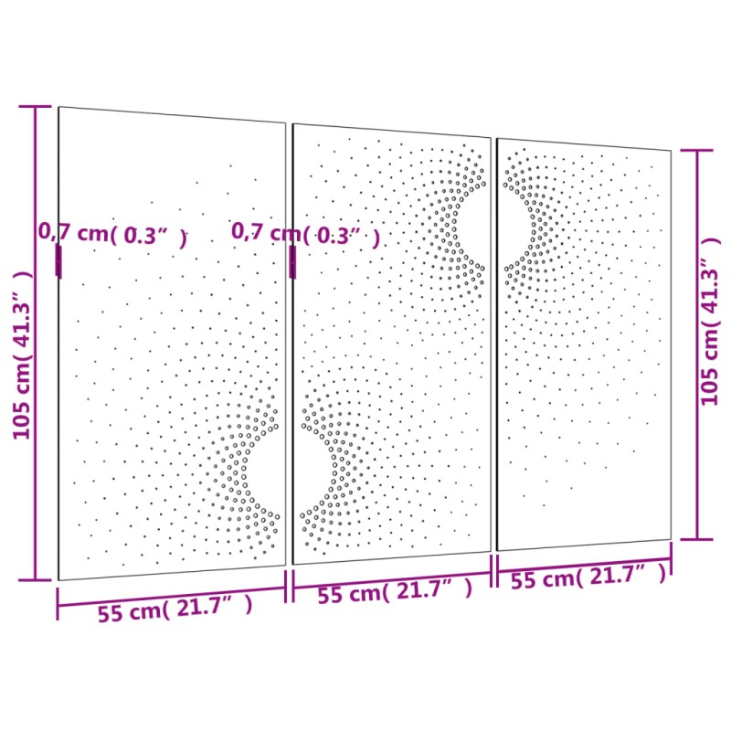 vidaXL Záhradné nástenné dekorácie 3 ks 105x55 cm kortenová oceľ slnko